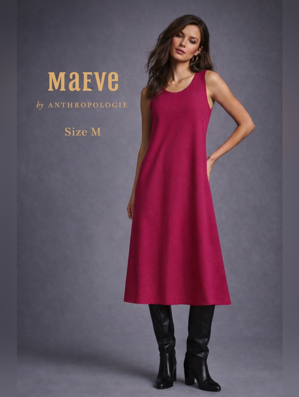Maeve by Anthropologie Women’s Pink Linen Midi Dress Sleeveless A-Line Size M